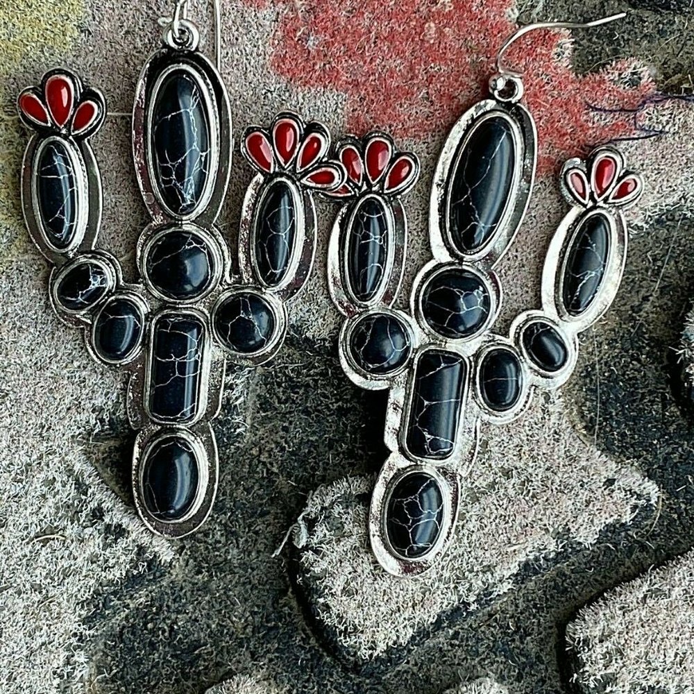 Black Saguaro Cactus Black Turquoise Red Earrings - Picture 3 of 9